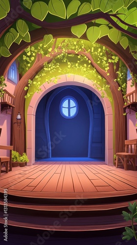 Archway leafy trees frame a wooden stage with arched door  creating an inviting backdrop