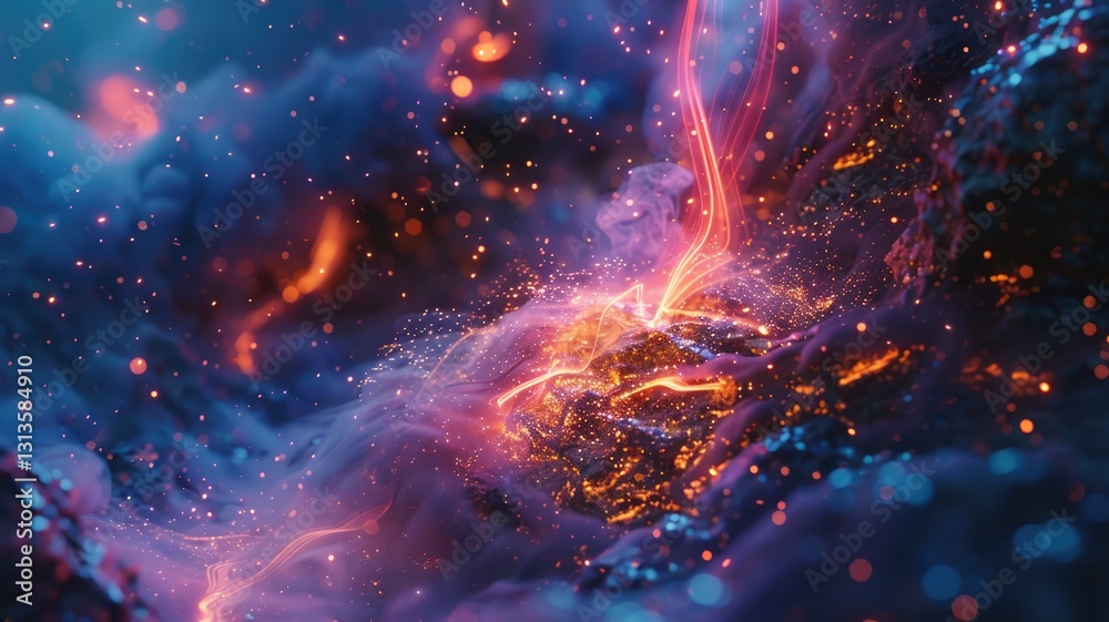 Obraz premium Abstract galaxy with swirling blue and orange particles. Digital artwork for design of cloud and smoke with starry sky with glowing start and planet in nebula or solar system. Universe design. AIG53.
