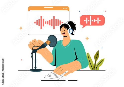 Voice Acting Vector Illustration featuring a Movie Production Cast Member Performing Voice Acting for a Film Scene, Dubbing a Film, or a TV Series
