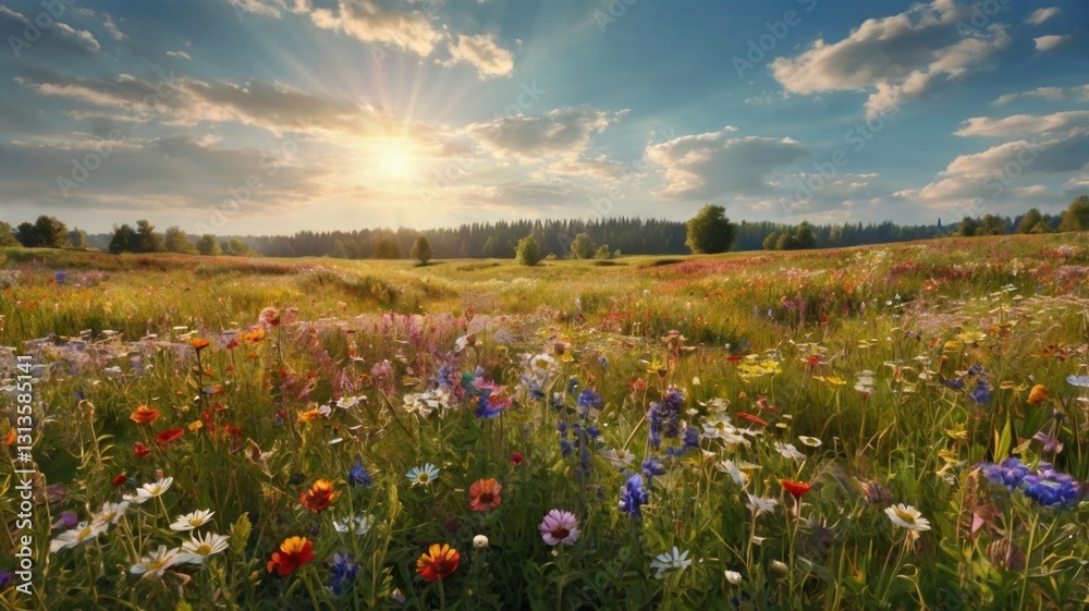 A breathtaking summer meadow filled with endless rows of vibrant wildflowers in full bloom. A gentle breeze moves the petals while butterflies flutter around. The sky is clear blue with fluffy white c A breathtaking summer meadow filled with endless rows of vibrant wildflowers in full bloom. A gentle breeze moves the petals while butterflies flutter around. The sky is clear blue with fluffy white c