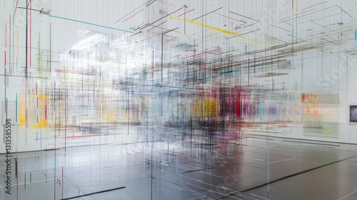 Abstract art installation, gallery space, colorful lines, modern, interior, exhibition, visual art,  possible use for stock photography photo
