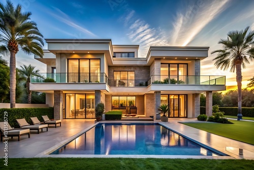Large house with a pool and a patio