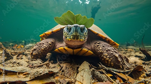 Ancient looking mata mata turtle submerged beneath the Amazon waters its leaf like head perfectly camouflaged among river debris photo