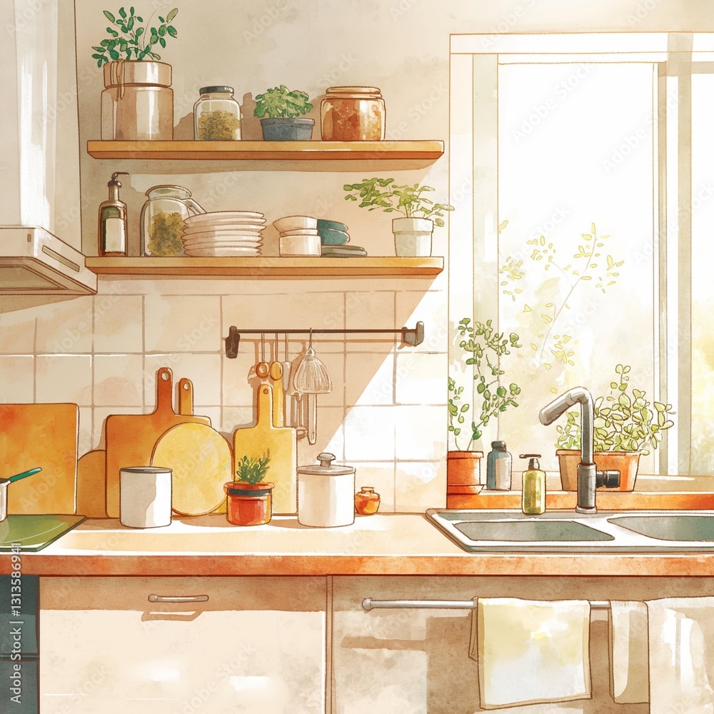 Fototapeta premium 光あふれるナチュラルキッチン｜観葉植物と温もりのある台所
