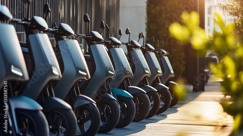 Row of electric scooters parked at a charging station during sunset