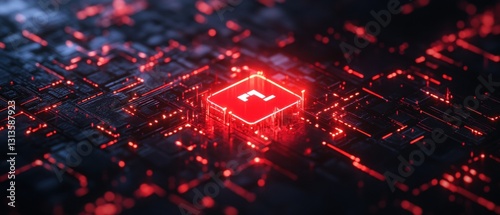 Abstract digital background with glowing red circuitry elements in a futuristic technology environment showcasing intricate patterns and luminous details