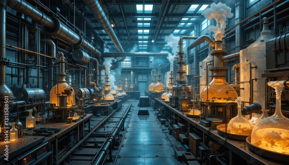 Industrial Laboratory with Glassware and Mysterious Atmosphere Industrial Laboratory with Glassware and Mysterious Atmosphere