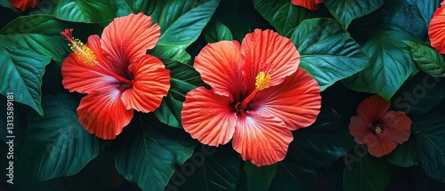 Wallpaper Mural Vibrant Red Hibiscus Flowers Against Lush Green Leaves in Tropical Garden Setting on a Sunny Day Torontodigital.ca