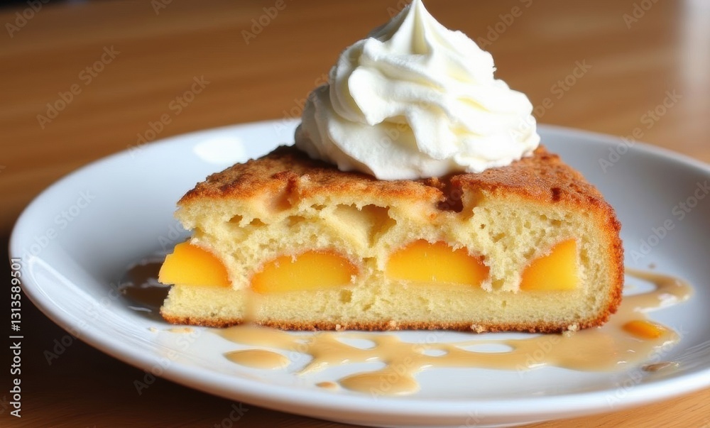Delicious peach cake slice with cream