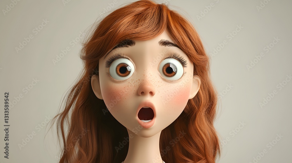 Fototapeta premium Surprised shocked cartoon character young girl with wide eyes in 3D style on a light background. Human emotions expression concept