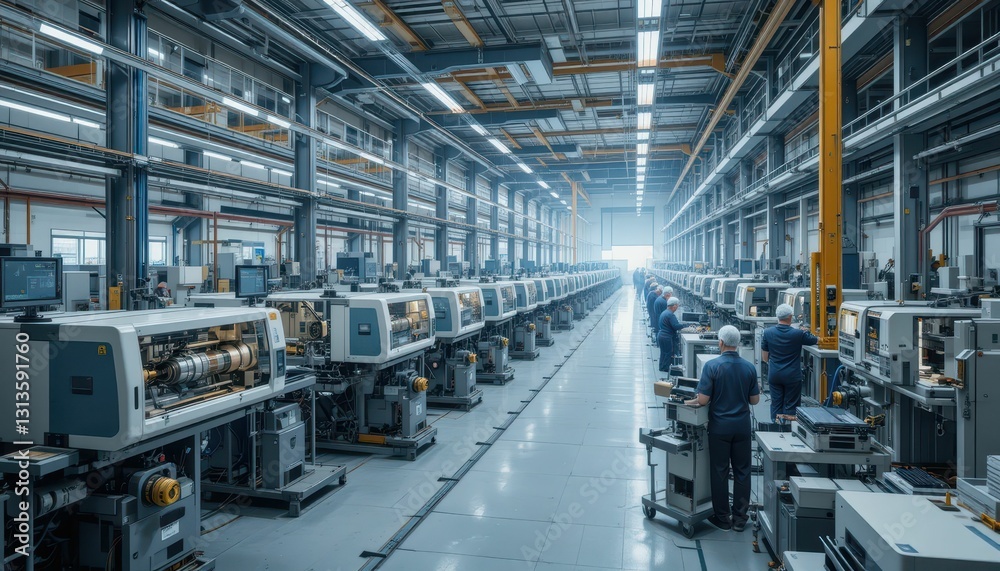 Fototapeta premium Industrial Manufacturing Facility with Machines and Engineers Working