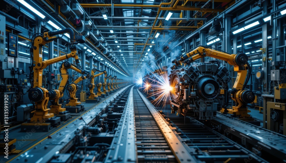 Fototapeta premium Automated Manufacturing Facility with Robotic Arms and Sparks