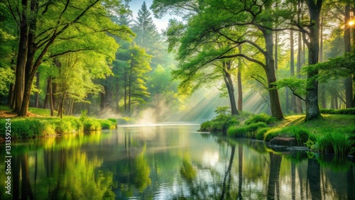 Serene forest scene with misty dawn light, green foliage and tranquil trees, water features in the distance