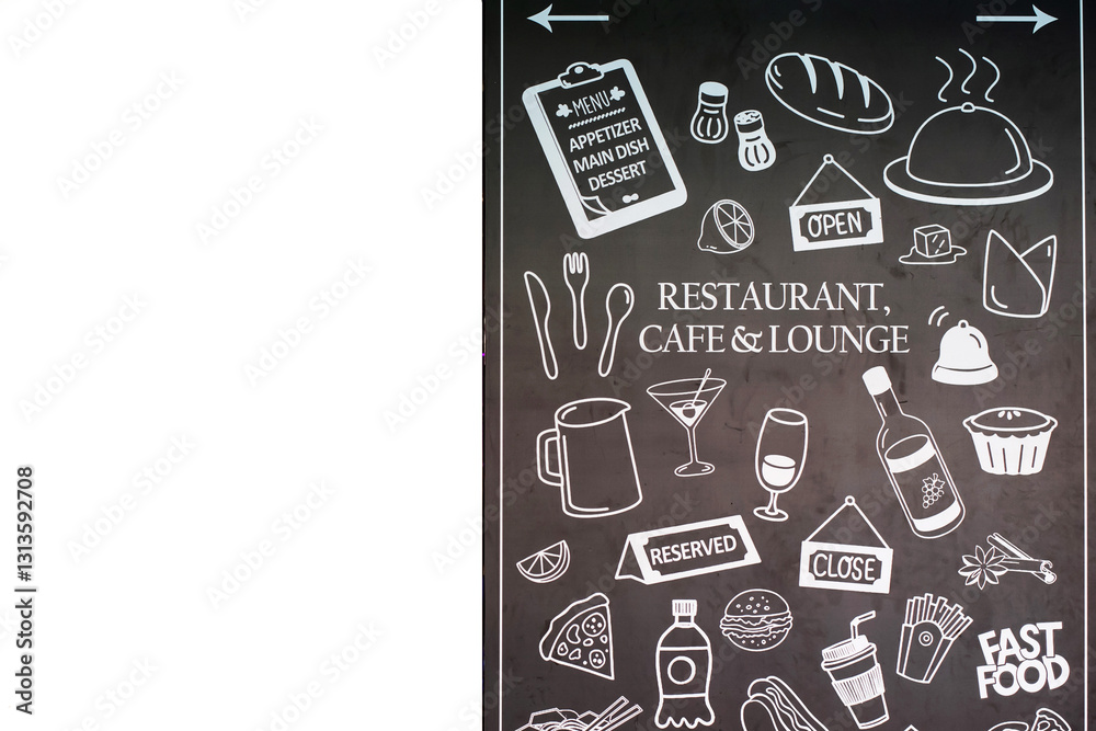 Hand drawn fast food symbol on chalkboard in front of restaurant. Hand drawn fast food symbol on chalkboard in front of restaurant.