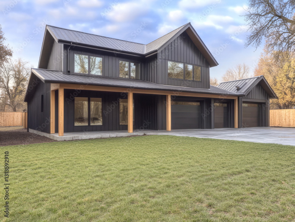 Modern black house with large windows and spacious yard in sunny neighborhood setting Modern black house with large windows and spacious yard in sunny neighborhood setting