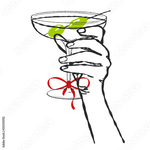 Martini glass with Olives. Hand holding glass with alcohol cocktail. Hand drawn Vector Illustration isolated on white background