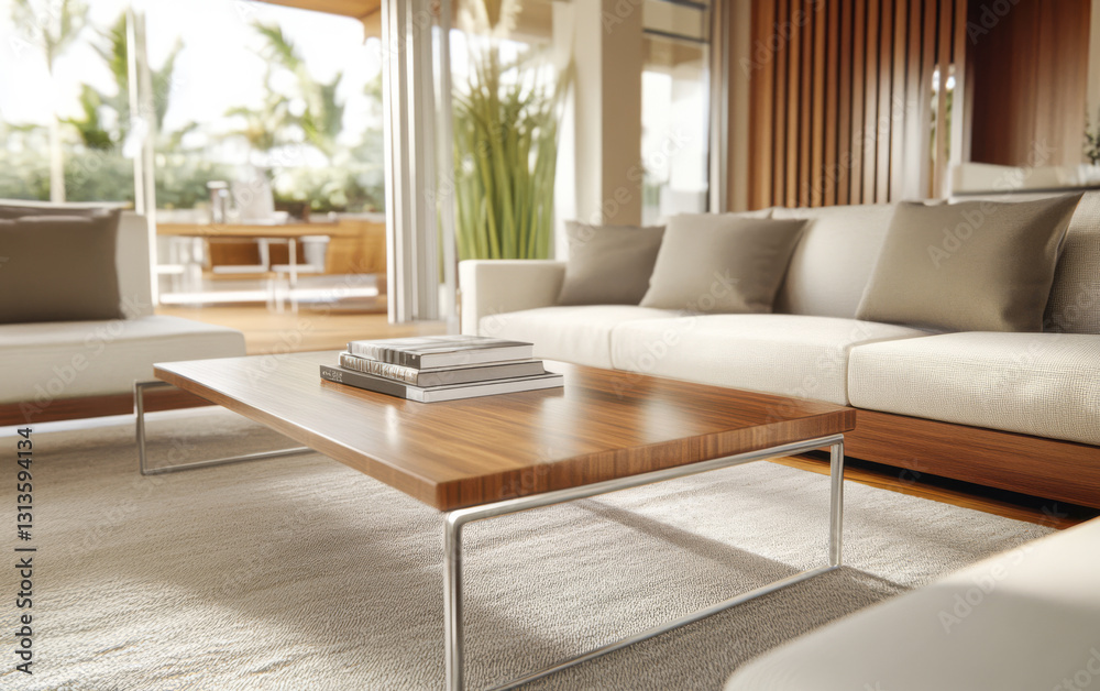 Fototapeta premium Modern living room in a bright open space with elegant furniture and natural light streaming in