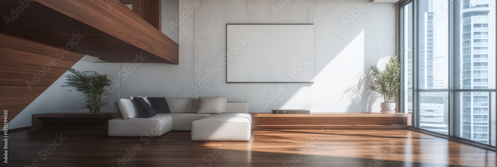 Modern living room with large windows and minimalist design during daytime Modern living room with large windows and minimalist design during daytime
