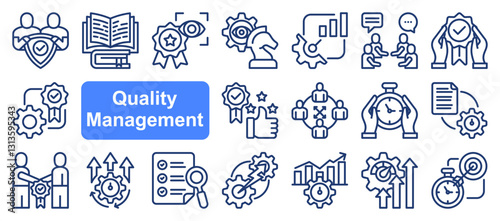 Quality management icon collection set. Containing product, service, improvement, achieve, planning, assurance, customer icon. Simple flat vector.