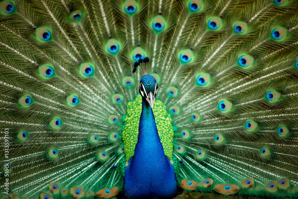Fototapeta premium Close-up of a peacock with its feathers spread out in a fan-like manner.