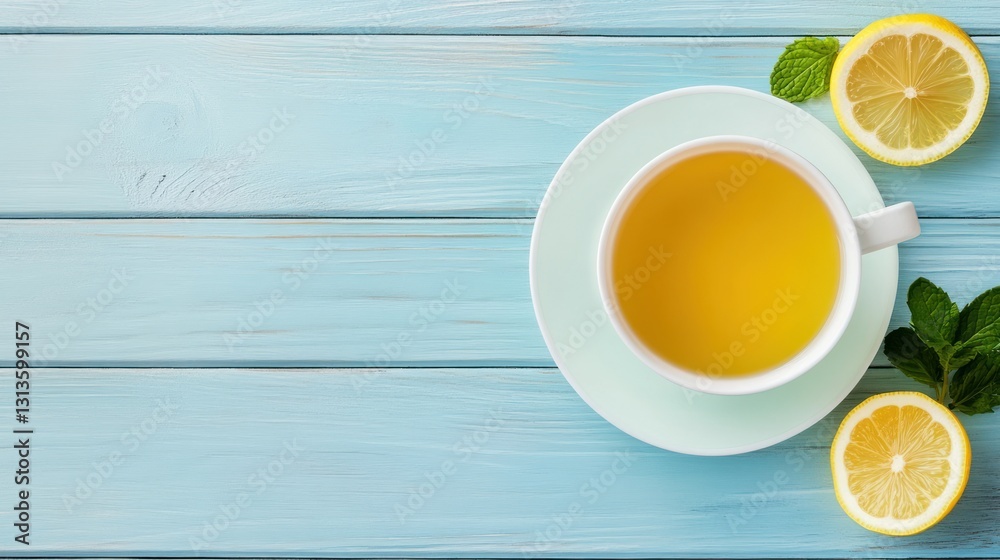Refreshing Lemon Tea on a Blue Wooden Table Refreshing Lemon Tea on a Blue Wooden Table