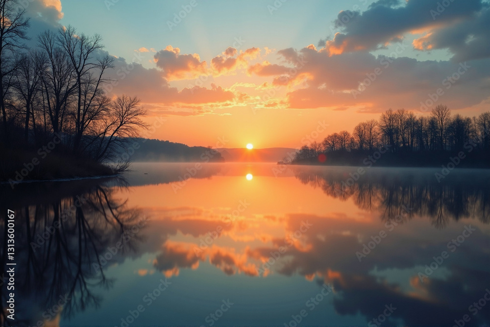 Obraz premium Beautiful landscape photograph of a sunrise over a lake.