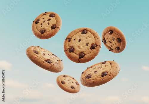 Floating chocolate chip cookies with visible chocolate chunks.