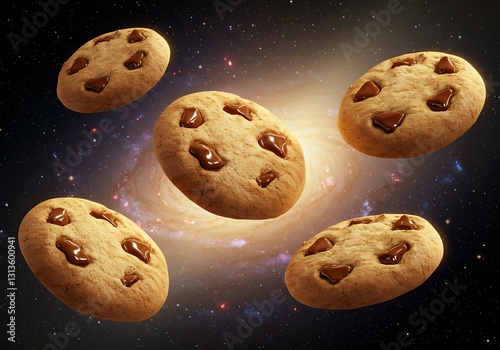 Floating chocolate chip cookies with visible chocolate chunks.