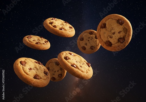 Floating chocolate chip cookies with visible chocolate chunks.