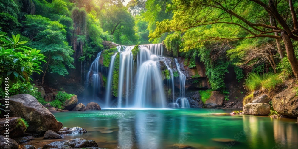Fototapeta premium waterfall surrounded by lush green trees and rocks in a serene atmosphere, greenery
