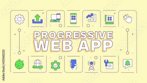 Progressive web app light yellow word concept. PWA advantages and components. Software development. Typography banner. Vector illustration with title text, editable icons color. Hubot Sans font used