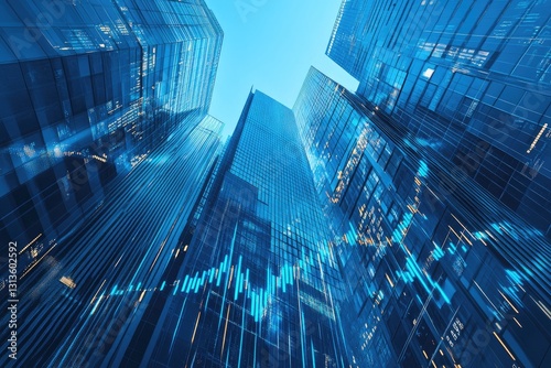 Urban skyscrapers, financial data, looking up