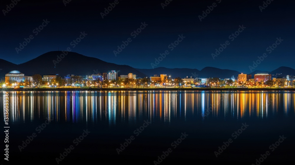 Night Lights Reflecting on Calm Water: A Panoramic Cityscape Night Lights Reflecting on Calm Water: A Panoramic Cityscape