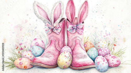 A whimsical watercolor illustration of pink cowboy boots adorned with bunny ears, surrounded by pastel Easter eggs and flowers.