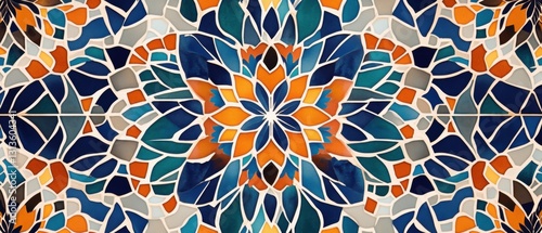 Colorful Mosaic Pattern Featuring Intricate Floral Design with Shades of Blue, Orange, and Beige Elements in Symmetrical Arrangement