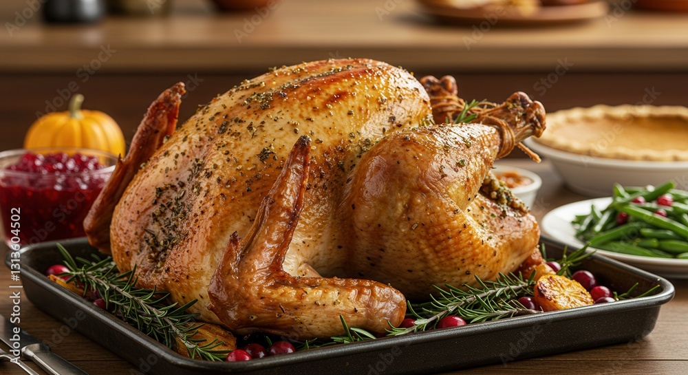 Fototapeta premium Roasted Turkey Dinner with Festive Holiday Dishes on Wooden Table
