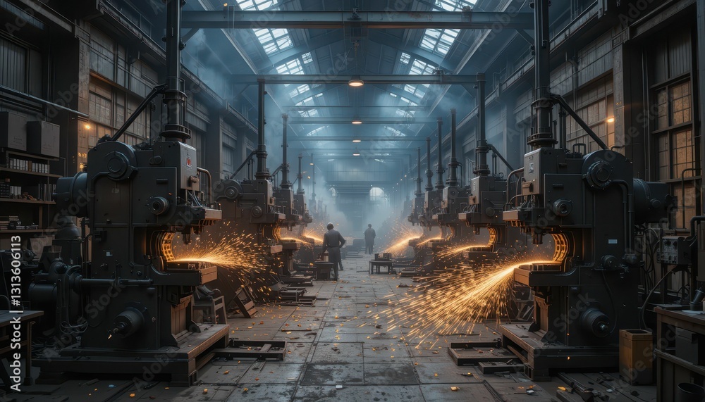 Industrial Workshop with Machines Creating Sparks in Factory Setting Industrial Workshop with Machines Creating Sparks in Factory Setting
