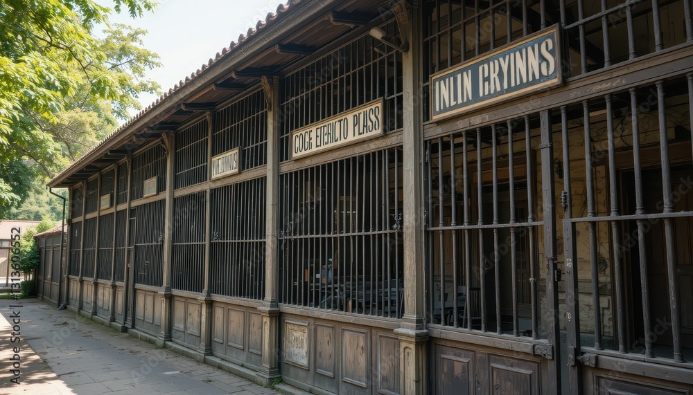 Historic building with wooden structure and barred windows in sunlight Historic building with wooden structure and barred windows in sunlight