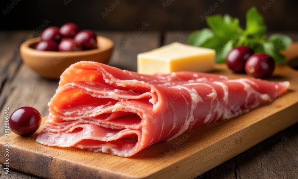 Sliced prosciutto with grapes and cheese Sliced prosciutto with grapes and cheese