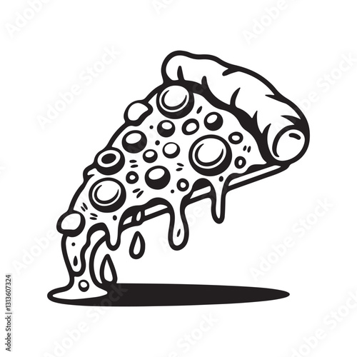 Black and White Vintage Pizza Slice Illustration with Dripping Cheese and Scattered Toppings