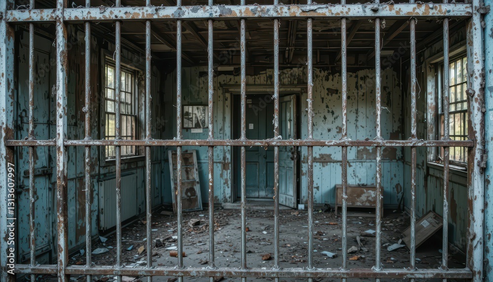 Abandoned Interior of a Derelict Building with Rusty Bars and Decay Abandoned Interior of a Derelict Building with Rusty Bars and Decay