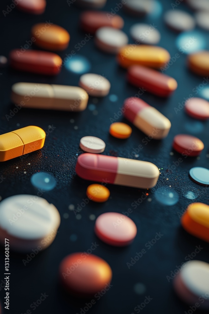 Macro shot of various pills on a surface. Macro shot of various pills on a surface.