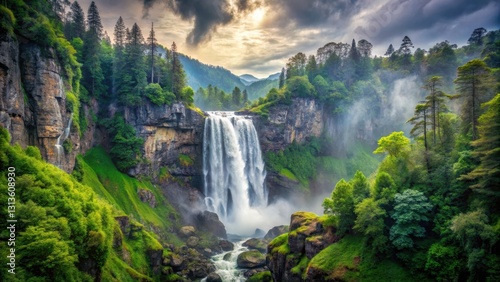 A majestic waterfall cascading down a rugged rocky cliff with lush greenery and misty atmosphere, surrounded by tall trees and dense foliage, scenic views, mountain