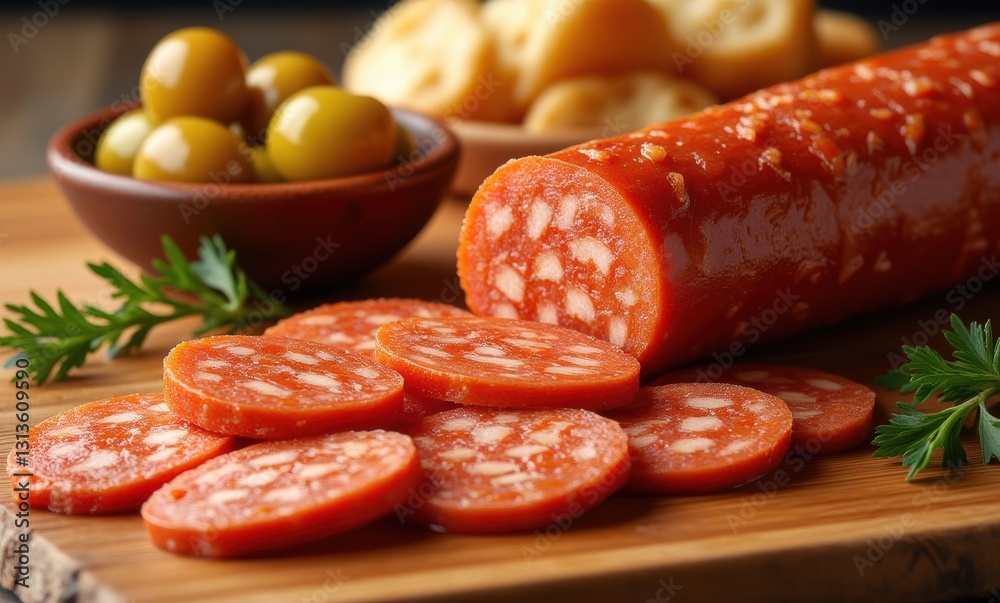Sliced spicy sausage with olives Sliced spicy sausage with olives