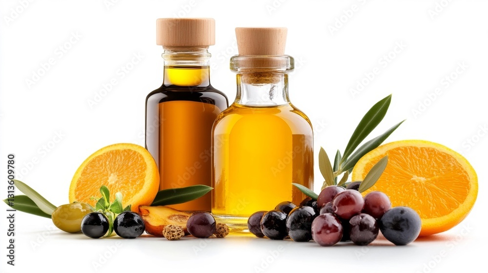 Two bottles of extra virgin olive oil with fruits and olives isolated on a white background. Generative AI Two bottles of extra virgin olive oil with fruits and olives isolated on a white background. Generative AI