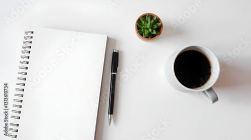A minimalist workspace featuring a blank journal, a pen, and a cup of coffee, evoking a sense of creative potential and quiet contemplation.