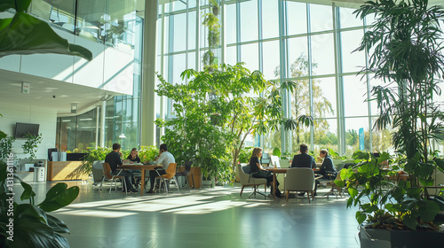 Modern eco-friendly office space with large windows  lush green plants  and employees working in a fresh  vibrant atmosphere.