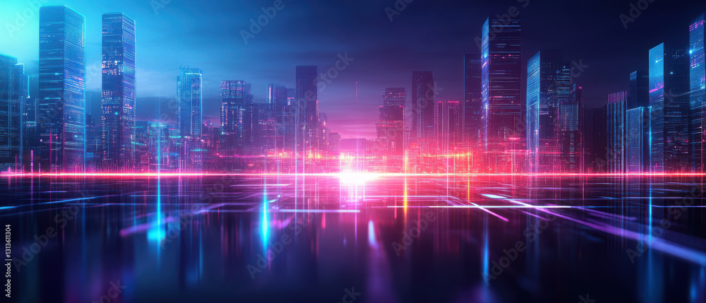 Fototapeta premium Futuristic cityscape with neon lights and reflections in water