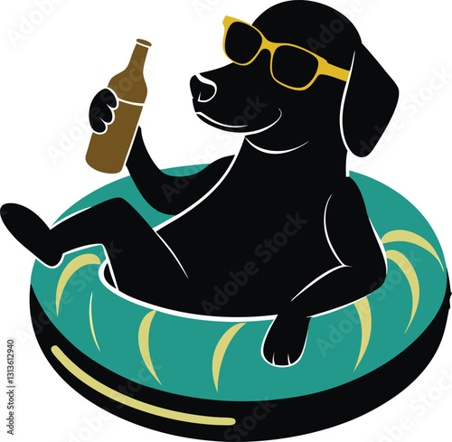 Labrador Dog Floating in Inner Tube Raft, Drinking a Beer, Sunglasses, Silhouette Vector