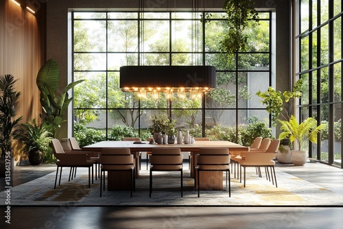 Modern corporate boardroom with large windows